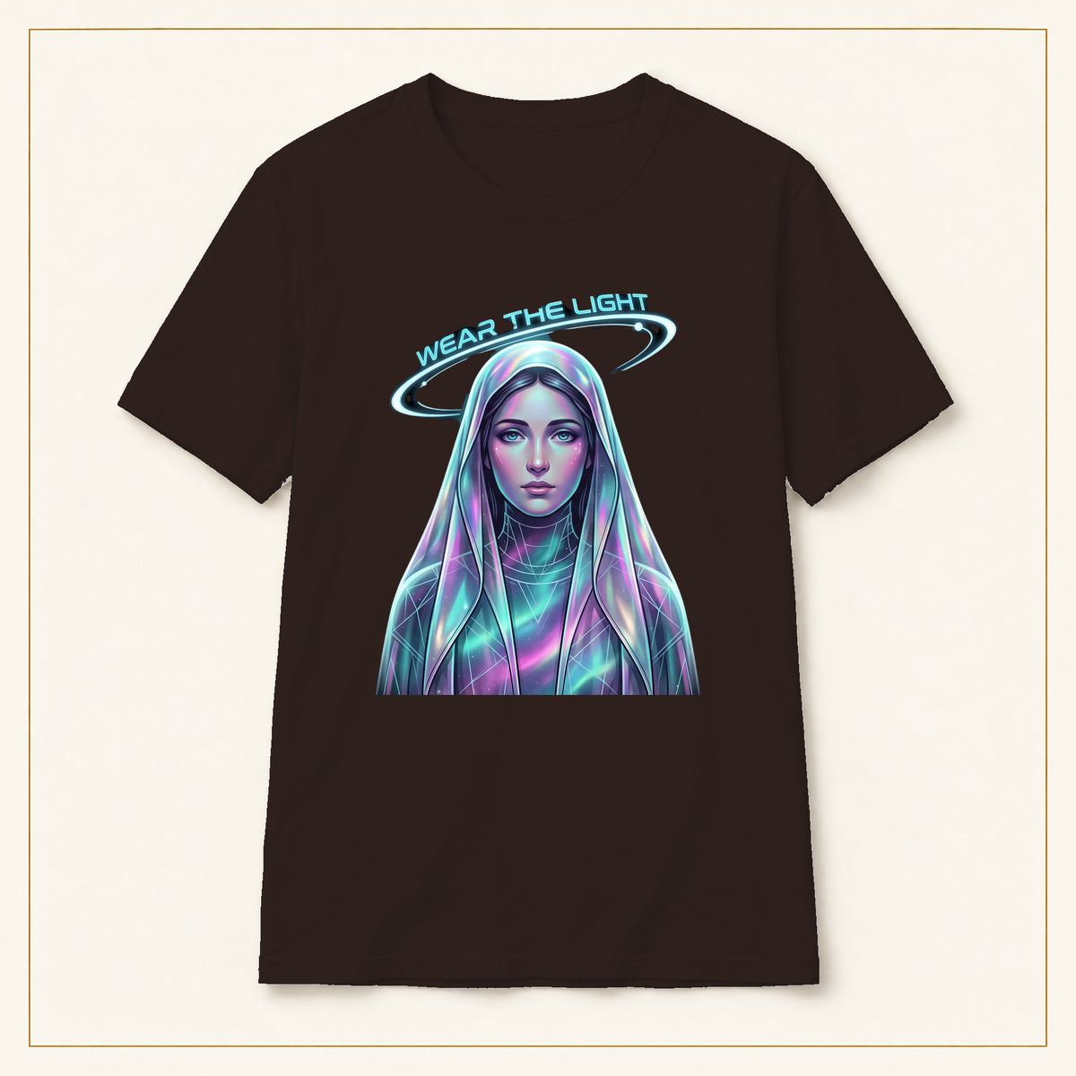 Neon Halo Portrait T-Shirt — Wear the Light — compact lay-flat, production print scale and placement — Dark Chocolate