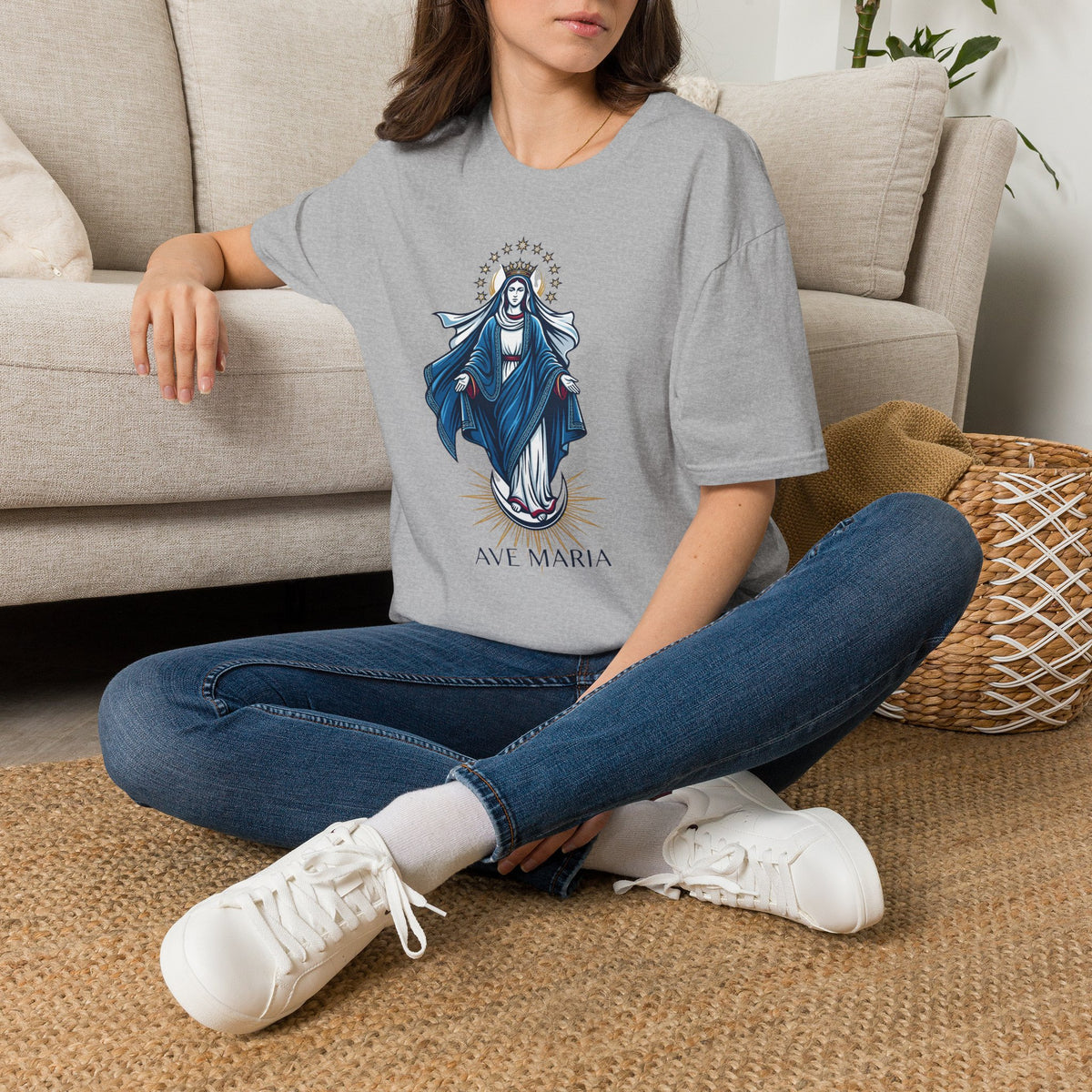 Vintage Blue Virgin Mary T-Shirt: Soft, Devotional Comfort for Everyday Wear - MATER AETERNA