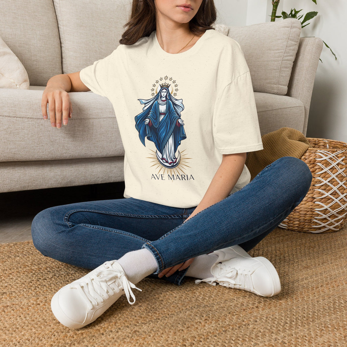 Vintage Blue Virgin Mary T-Shirt: Soft, Devotional Comfort for Everyday Wear - MATER AETERNA