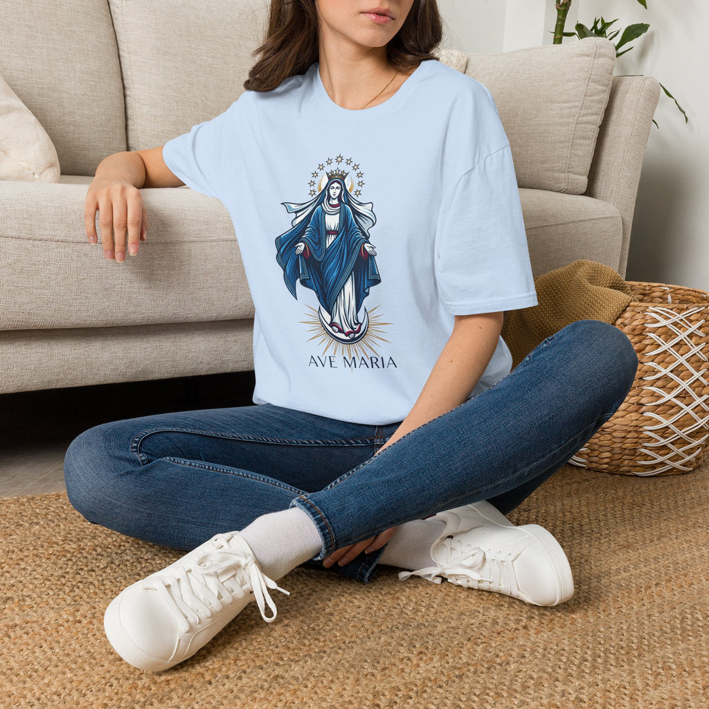 Vintage Blue Virgin Mary T-Shirt: Soft, Devotional Comfort for Everyday Wear - MATER AETERNA
