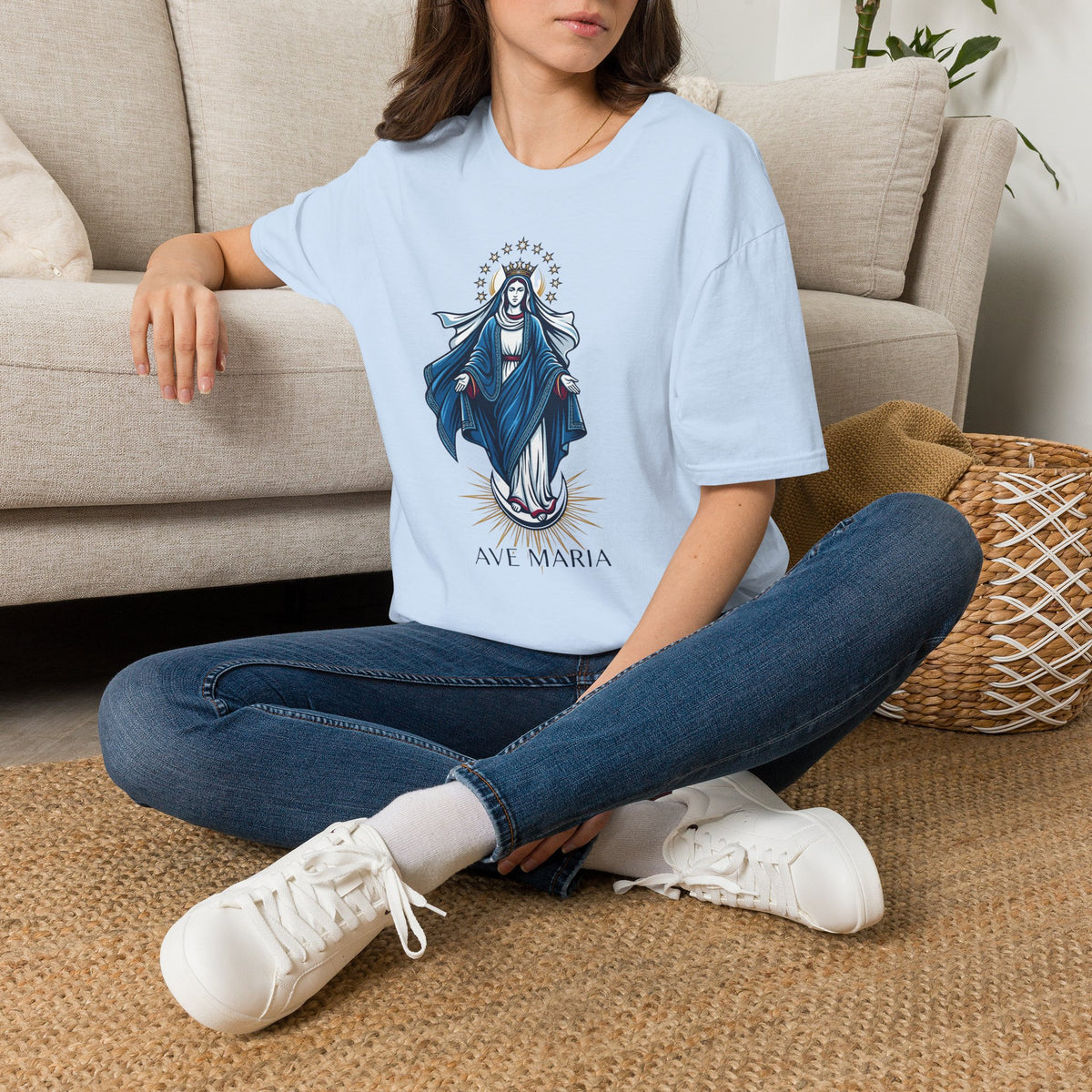 Vintage Blue Virgin Mary T-Shirt: Soft, Devotional Comfort for Everyday Wear - MATER AETERNA
