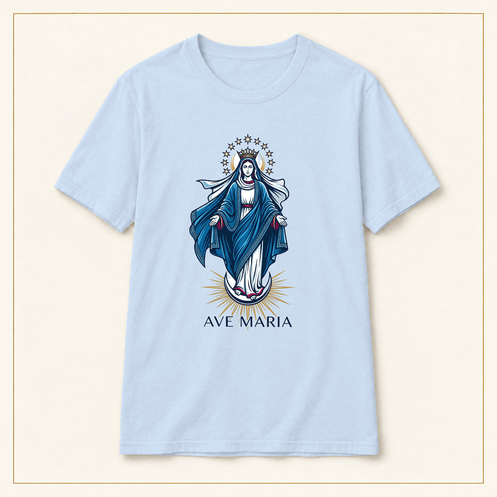 Ave Maria T-Shirt — Vintage Blue Virgin Mary — compact lay-flat, original print scale and placement — Light Blue
