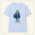 Ave Maria T-Shirt — Vintage Blue Virgin Mary — compact lay-flat, original print scale and placement — Light Blue