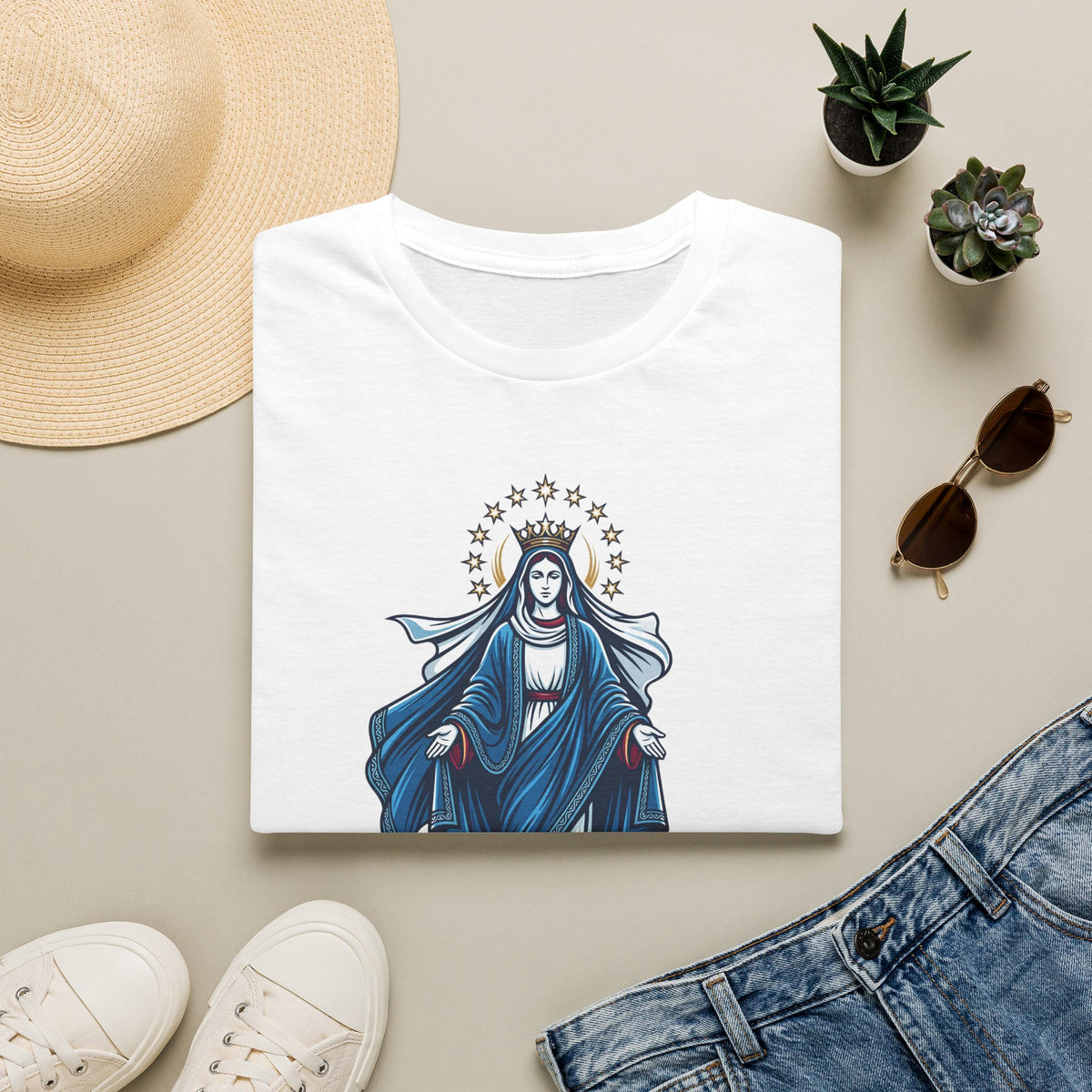 Vintage Blue Virgin Mary T-Shirt: Soft, Devotional Comfort for Everyday Wear - MATER AETERNA