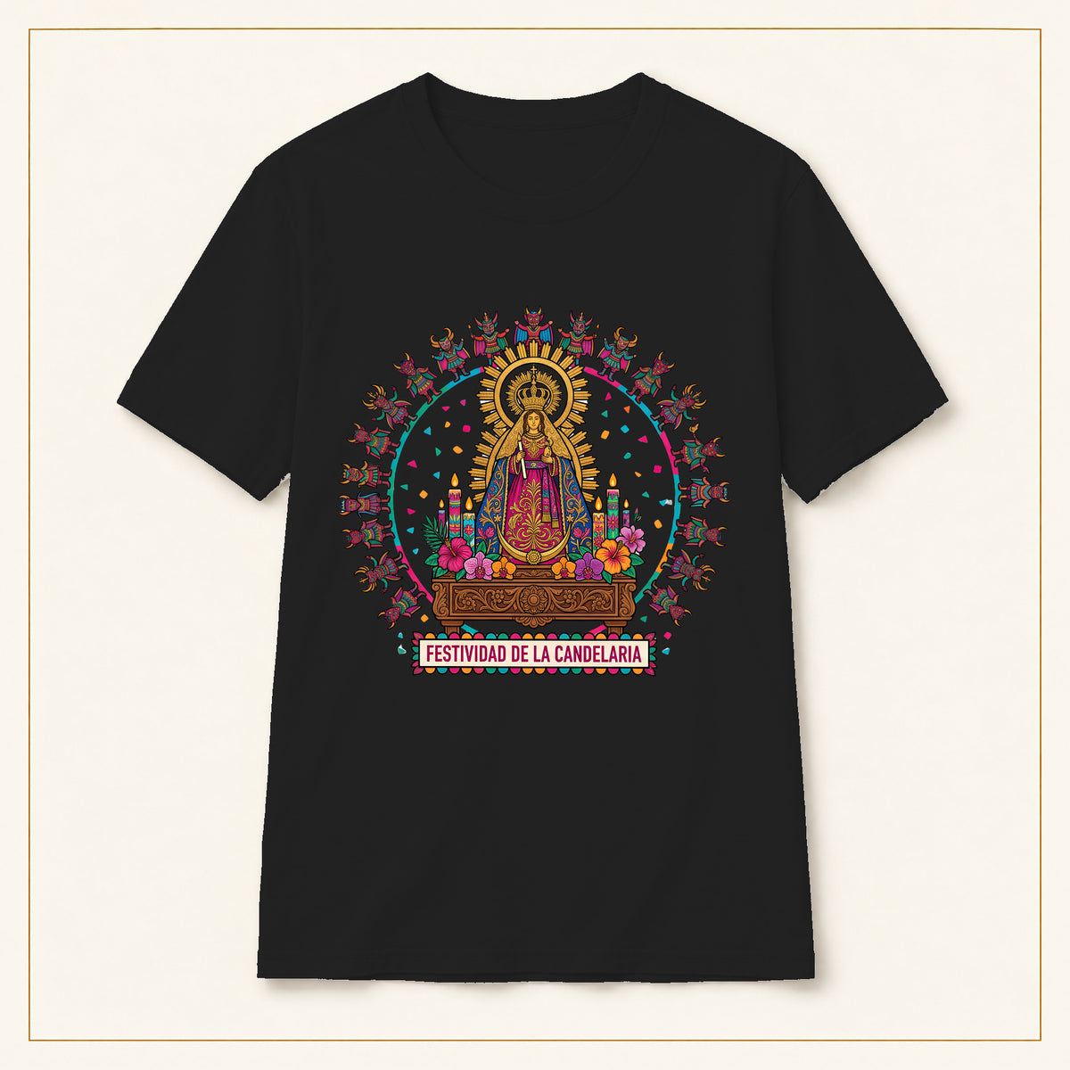 Virgen de la Candelaria T-Shirt — Devotional Portrait — compact lay-flat, original print scale and placement — Black