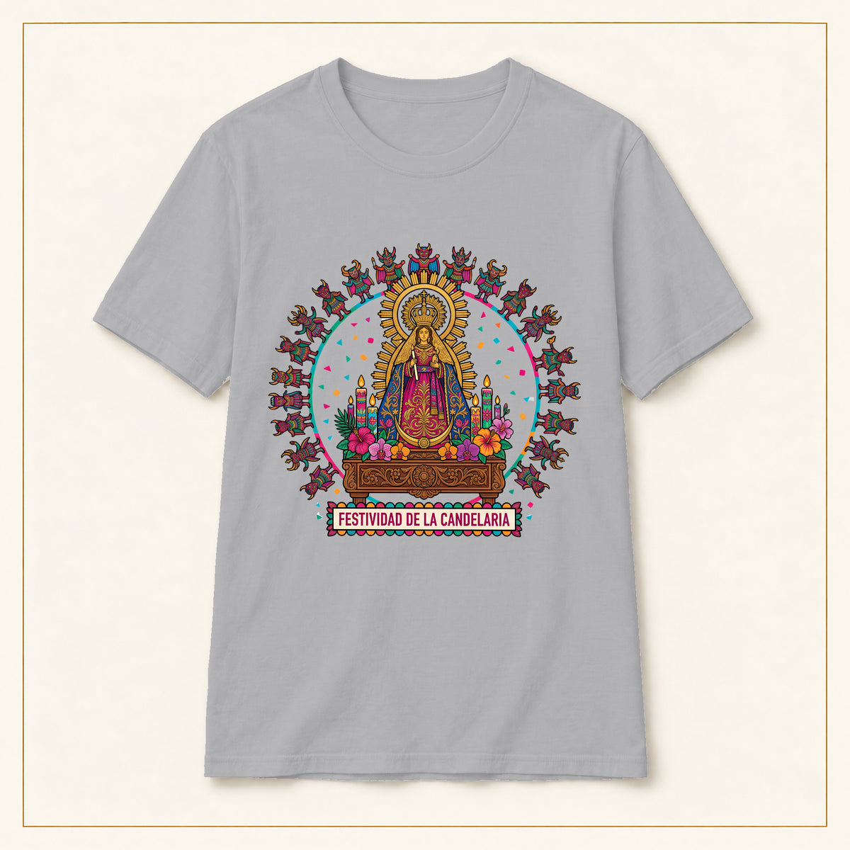 Virgen de la Candelaria T-Shirt — Devotional Portrait — compact lay-flat, original print scale and placement — Sport Grey
