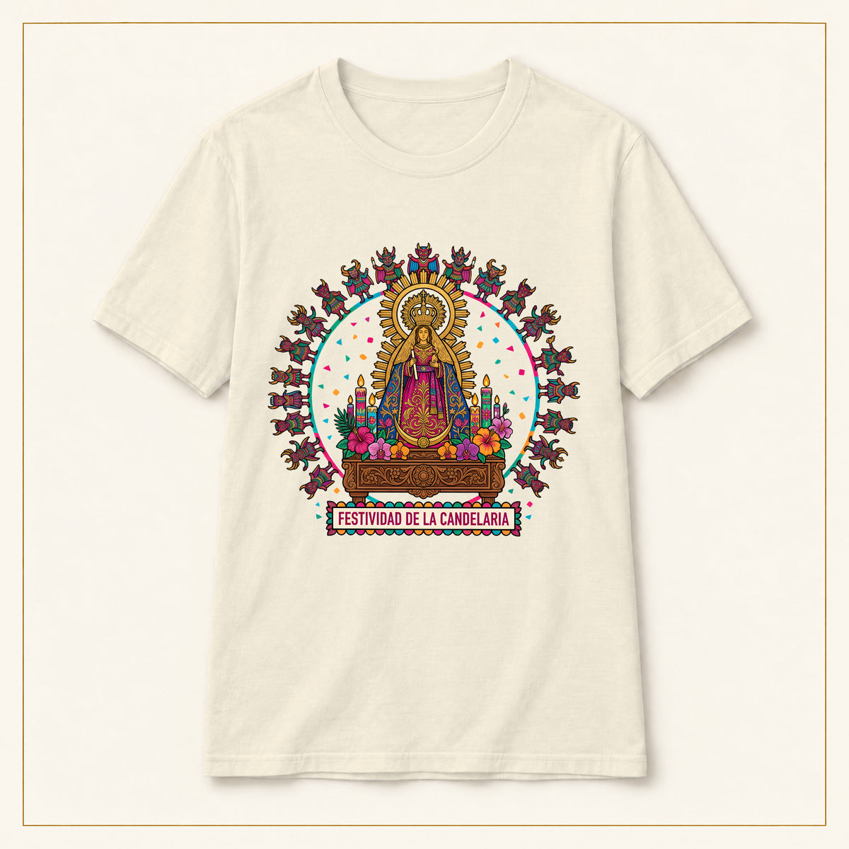 Virgen de la Candelaria T-Shirt — Devotional Portrait — compact lay-flat, original print scale and placement — Natural