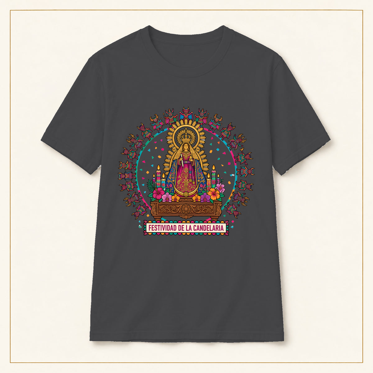 Virgen de la Candelaria T-Shirt — Devotional Portrait — compact lay-flat, original print scale and placement — Dark Heather