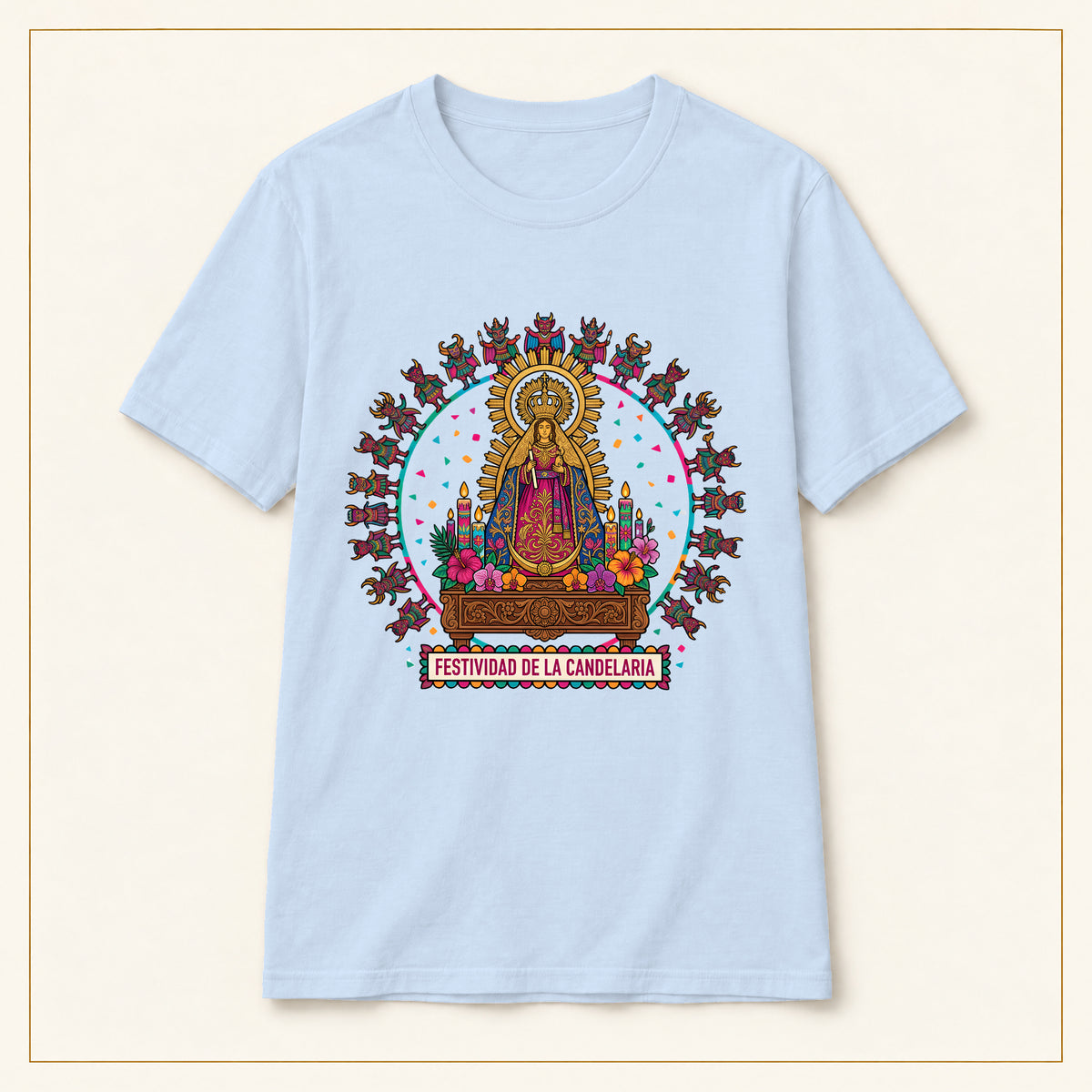 Virgen de la Candelaria T-Shirt — Devotional Portrait — compact lay-flat, original print scale and placement — Light Blue
