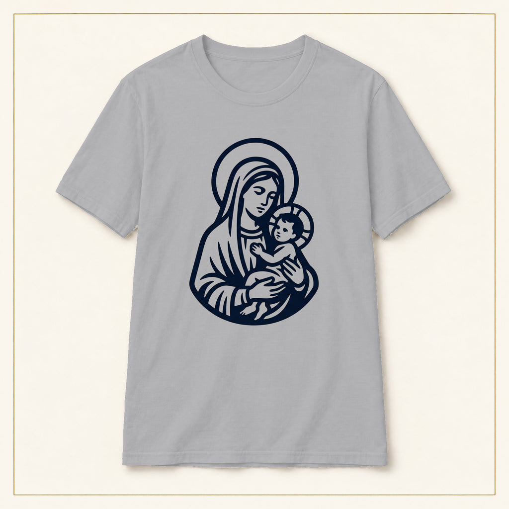 Virgin Mary & Child T-Shirt — Minimal Line Art — compact lay-flat, original print scale and placement — Sport Grey