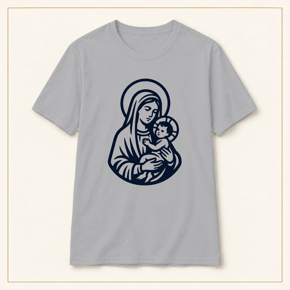Virgin Mary & Child T-Shirt — Minimal Line Art — compact lay-flat, original print scale and placement — Sport Grey