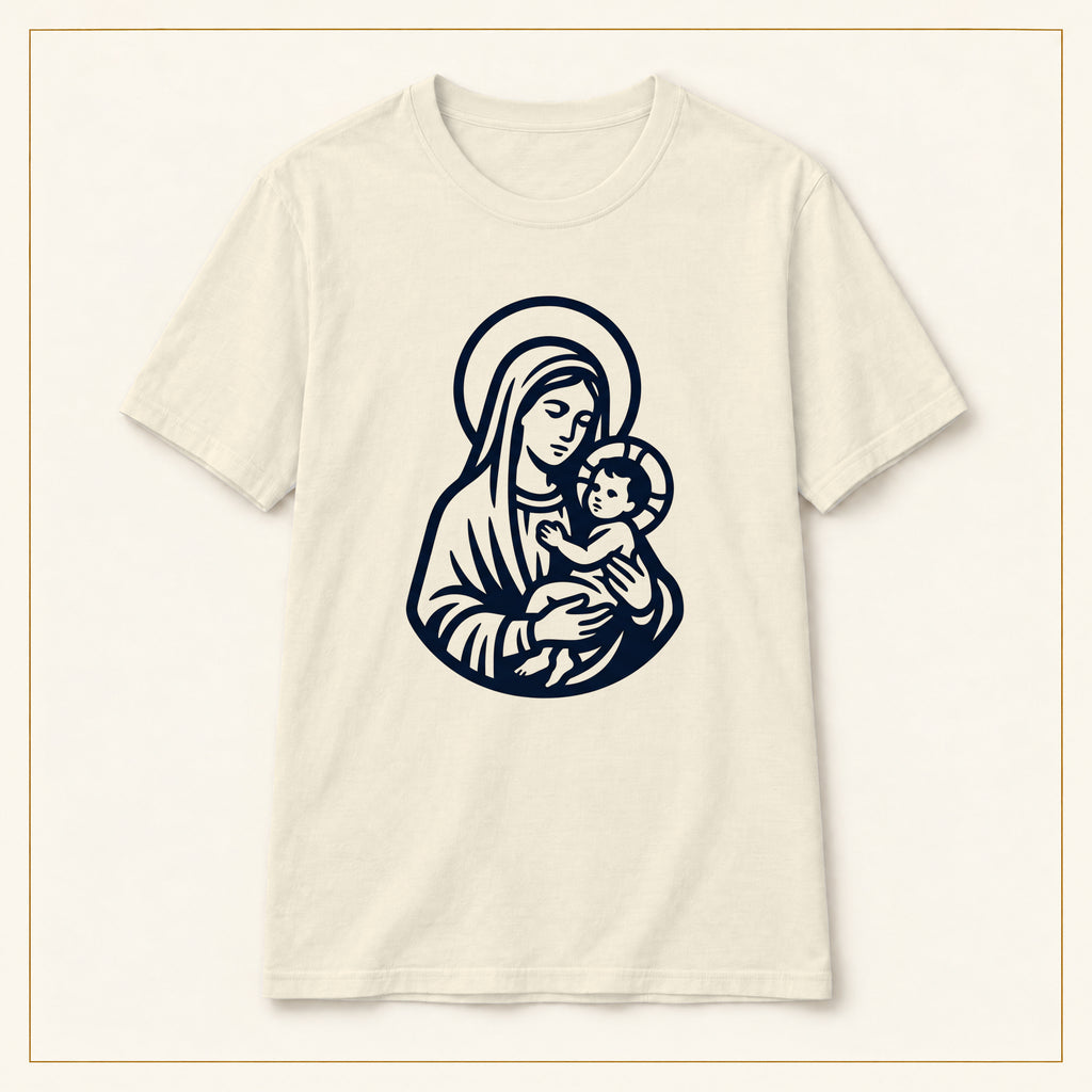 Virgin Mary & Child T-Shirt — Minimal Line Art — compact lay-flat, original print scale and placement — Natural