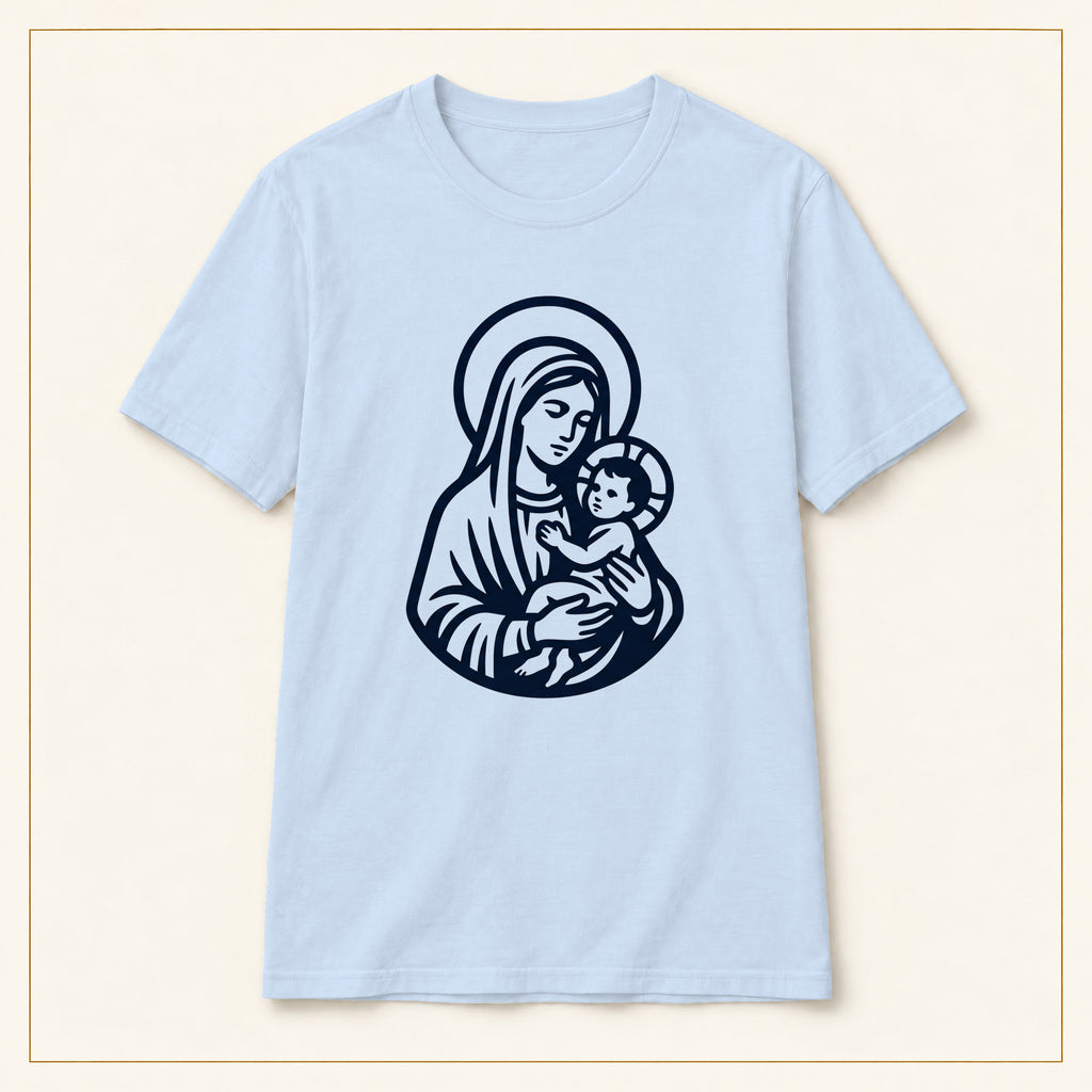 Virgin Mary & Child T-Shirt — Minimal Line Art — compact lay-flat, original print scale and placement — Light Blue