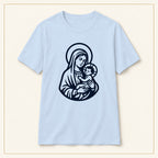 Virgin Mary & Child T-Shirt — Minimal Line Art — compact lay-flat, original print scale and placement — Light Blue