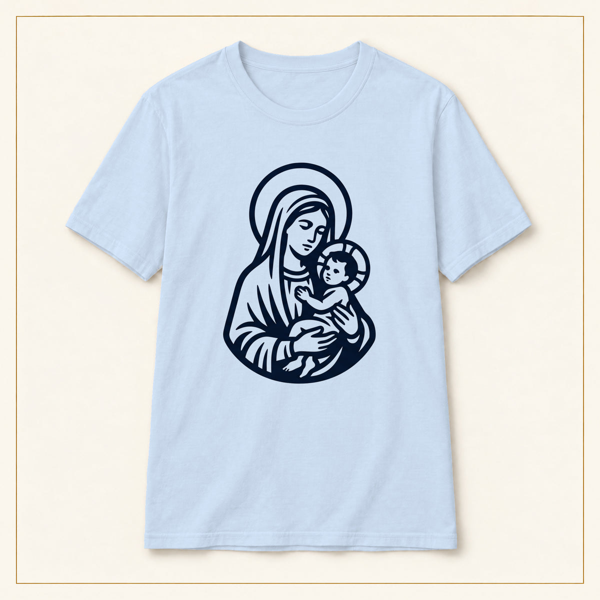 Virgin Mary & Child T-Shirt — Minimal Line Art — compact lay-flat, original print scale and placement — Light Blue