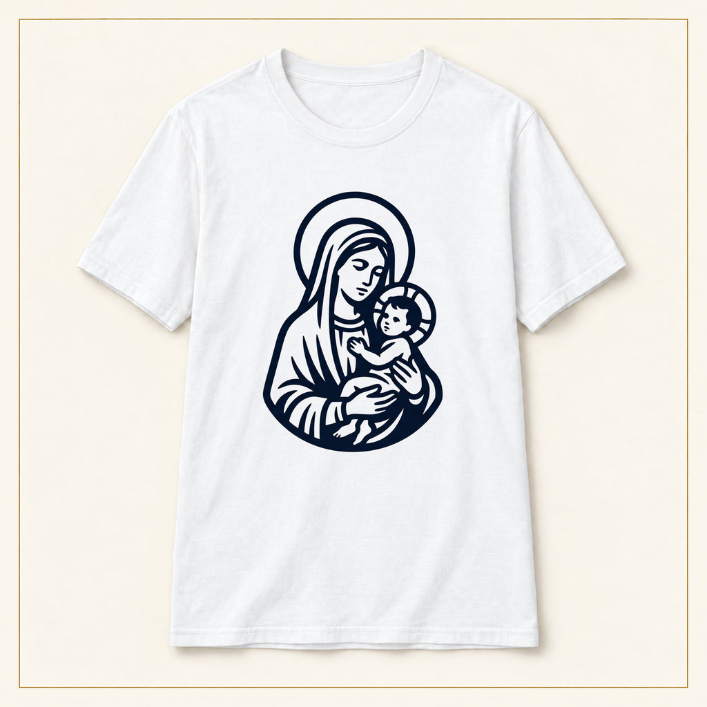 Virgin Mary & Child T-Shirt — Minimal Line Art — compact lay-flat, original print scale and placement — White