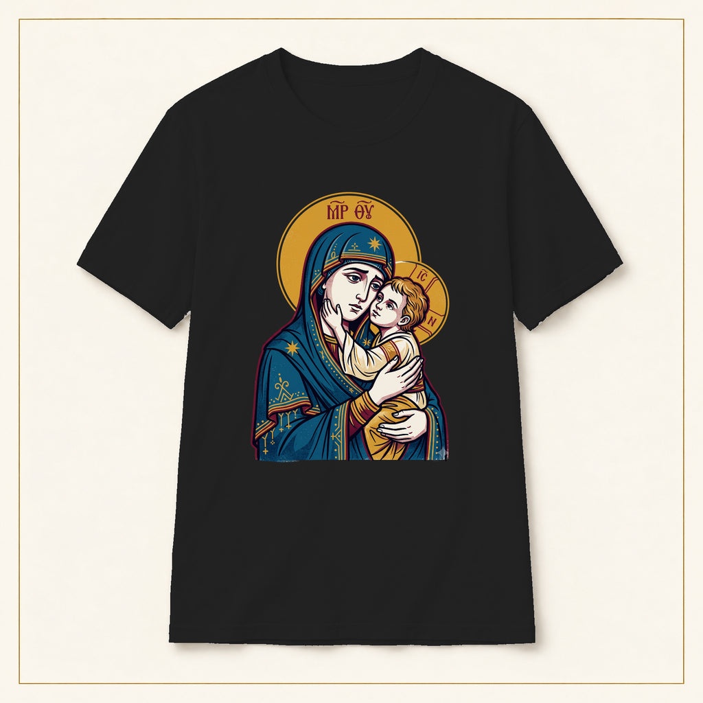 Virgin Mary & Child T-Shirt — Orthodox Icon — compact lay-flat, original print scale and placement — Black