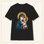Virgin Mary & Child T-Shirt — Orthodox Icon — compact lay-flat, original print scale and placement — Black