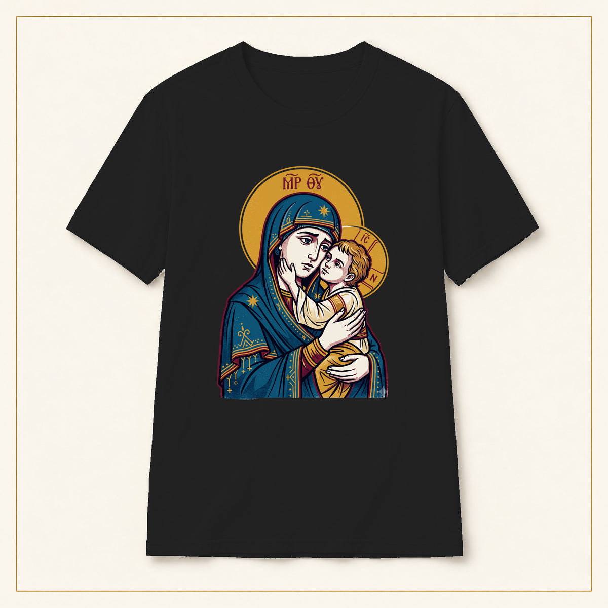 Virgin Mary & Child T-Shirt — Orthodox Icon — compact lay-flat, original print scale and placement — Black