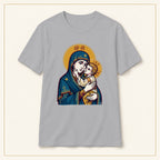 Virgin Mary & Child T-Shirt — Orthodox Icon — compact lay-flat, original print scale and placement — Sport Grey