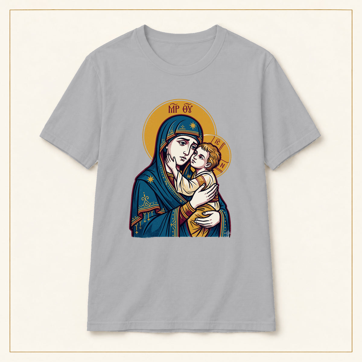 Virgin Mary & Child T-Shirt — Orthodox Icon — compact lay-flat, original print scale and placement — Sport Grey
