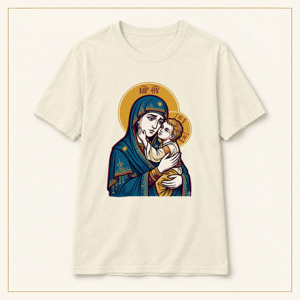 Virgin Mary & Child T-Shirt — Orthodox Icon — compact lay-flat, original print scale and placement — Natural