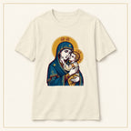 Virgin Mary & Child T-Shirt — Orthodox Icon — compact lay-flat, original print scale and placement — Natural