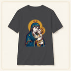 Virgin Mary & Child T-Shirt — Orthodox Icon — compact lay-flat, original print scale and placement — Dark Heather