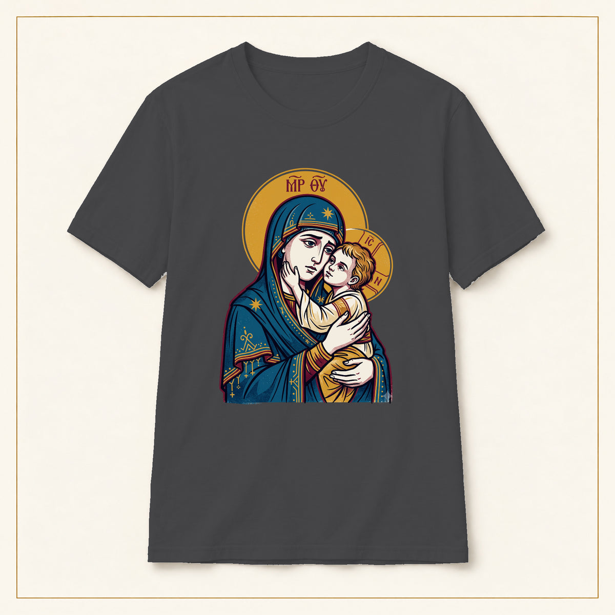 Virgin Mary & Child T-Shirt — Orthodox Icon — compact lay-flat, original print scale and placement — Dark Heather