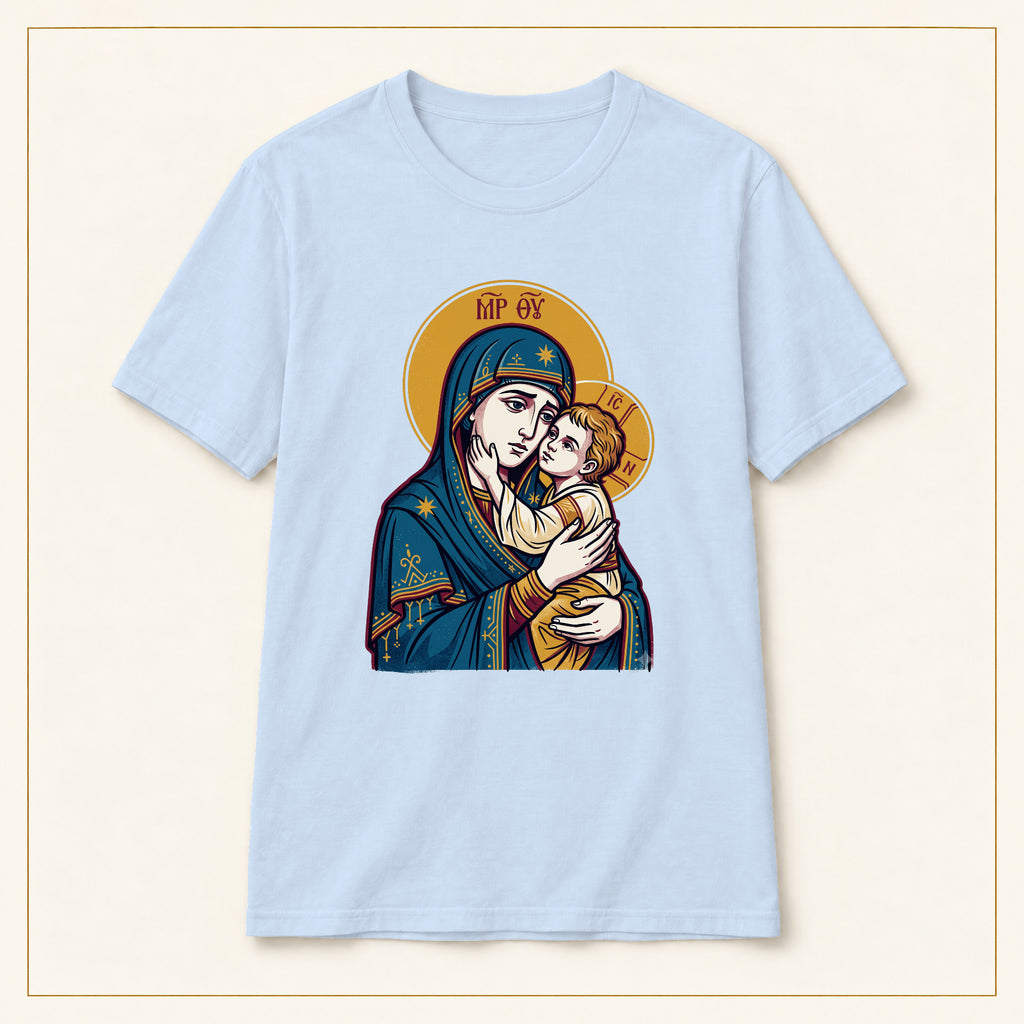 Virgin Mary & Child T-Shirt — Orthodox Icon — compact lay-flat, original print scale and placement — Light Blue