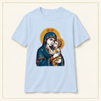 Virgin Mary & Child T-Shirt — Orthodox Icon — compact lay-flat, original print scale and placement — Light Blue