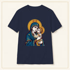 Virgin Mary & Child T-Shirt — Orthodox Icon — compact lay-flat, original print scale and placement — Navy