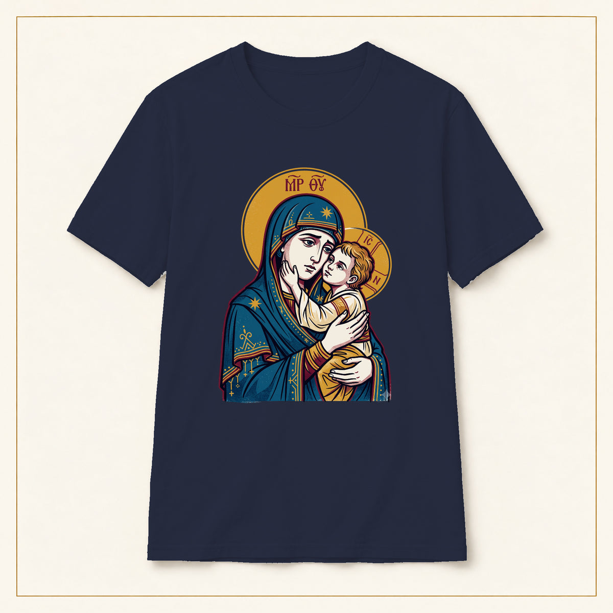Virgin Mary & Child T-Shirt — Orthodox Icon — compact lay-flat, original print scale and placement — Navy