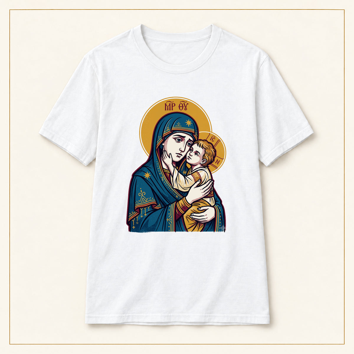 Virgin Mary & Child T-Shirt — Orthodox Icon — compact lay-flat, original print scale and placement — White