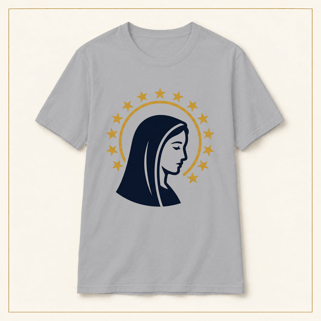 Virgin Mary T-Shirt — Profile & Star Halo — compact lay-flat, original print scale and placement — Sport Grey