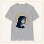 Virgin Mary T-Shirt — Profile & Star Halo — compact lay-flat, original print scale and placement — Sport Grey