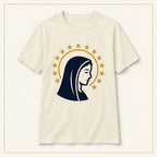 Virgin Mary T-Shirt — Profile & Star Halo — compact lay-flat, original print scale and placement — Natural