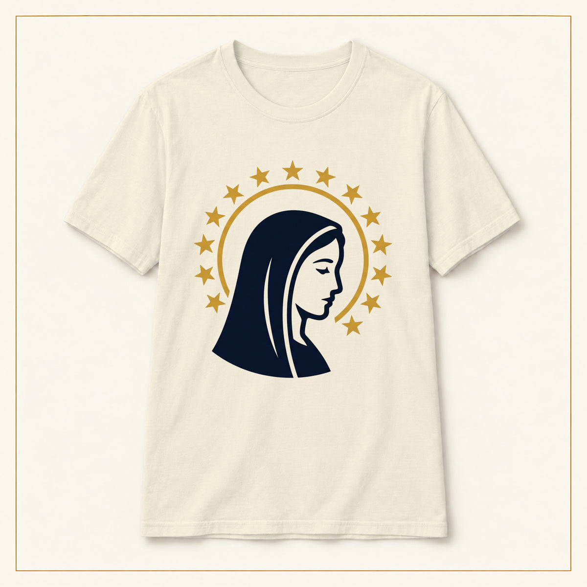 Virgin Mary T-Shirt — Profile & Star Halo — compact lay-flat, original print scale and placement — Natural