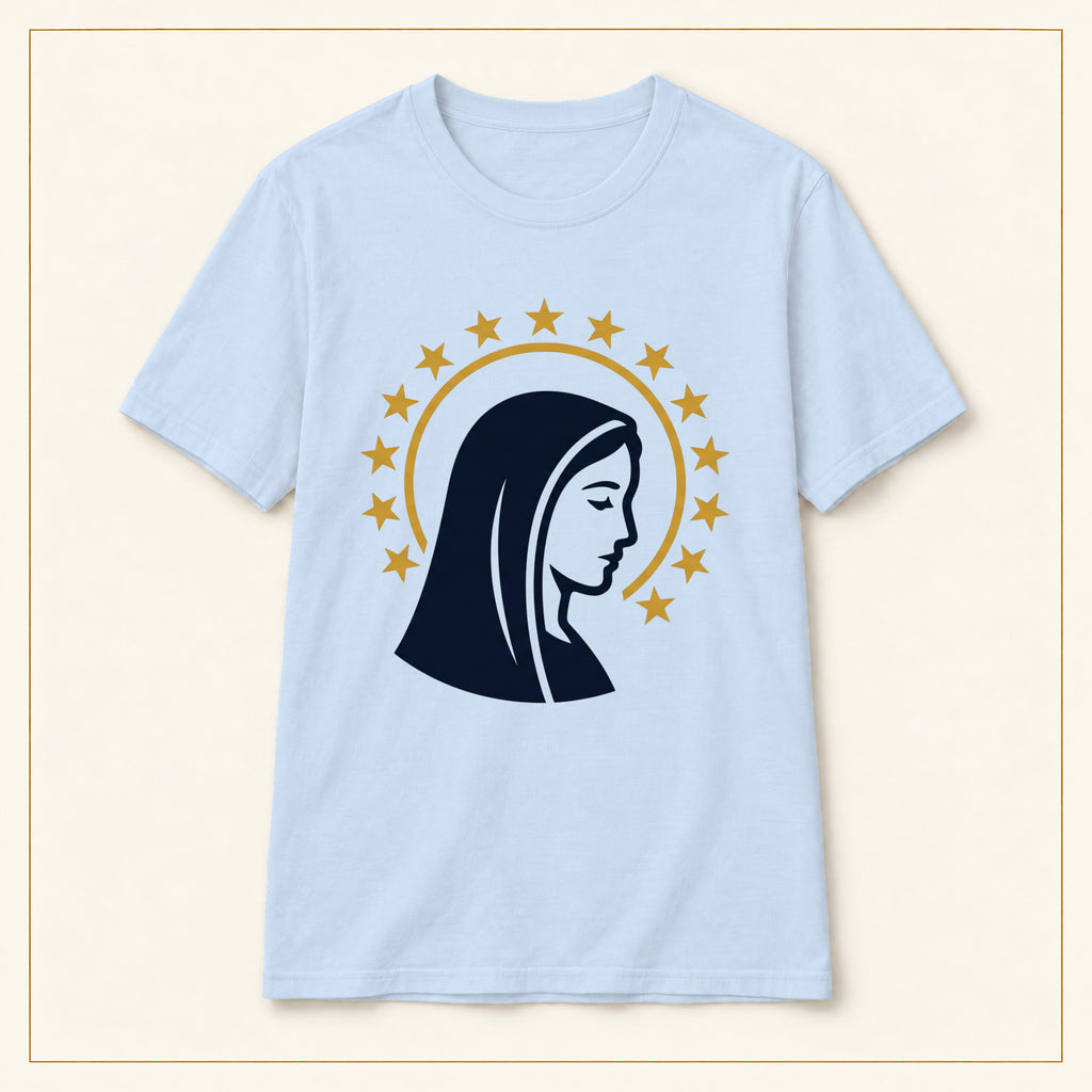 Virgin Mary T-Shirt — Profile & Star Halo — compact lay-flat, original print scale and placement — Light Blue