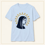 Virgin Mary T-Shirt — Profile & Star Halo — compact lay-flat, original print scale and placement — Light Blue