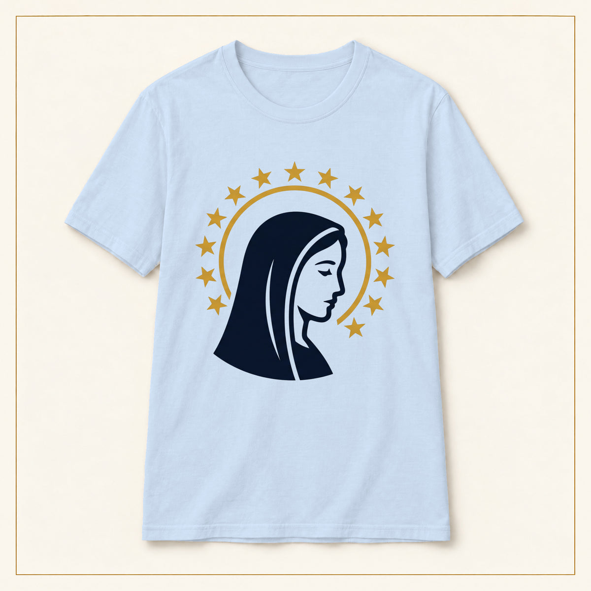 Virgin Mary T-Shirt — Profile & Star Halo — compact lay-flat, original print scale and placement — Light Blue
