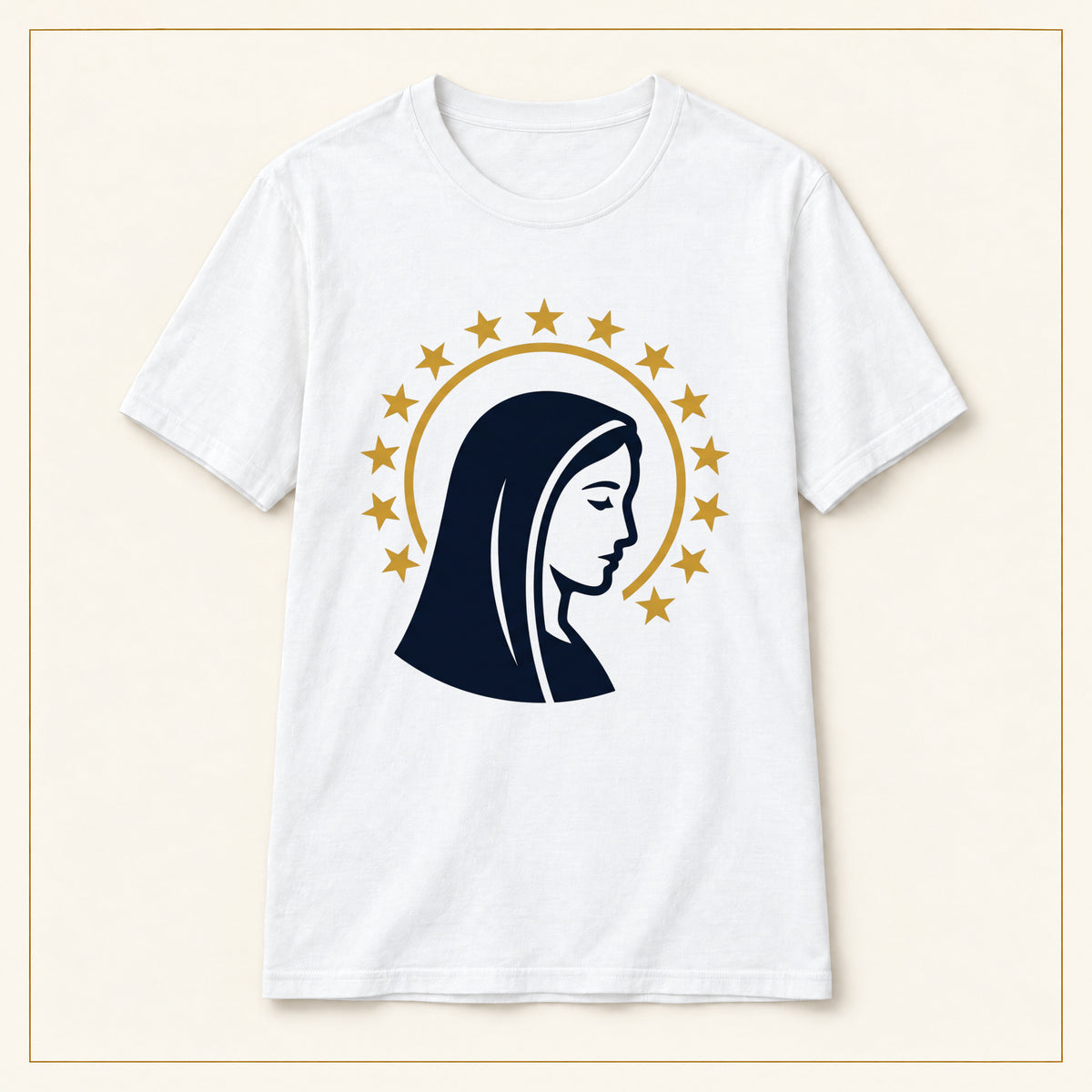 Virgin Mary T-Shirt — Profile & Star Halo — compact lay-flat, original print scale and placement — White