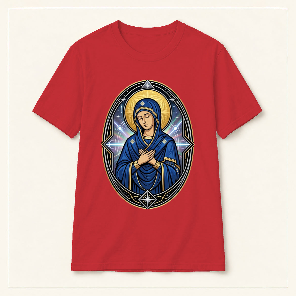 Virgin Mary T-Shirt — Sacred Icon — compact lay-flat, original print scale and placement — Red