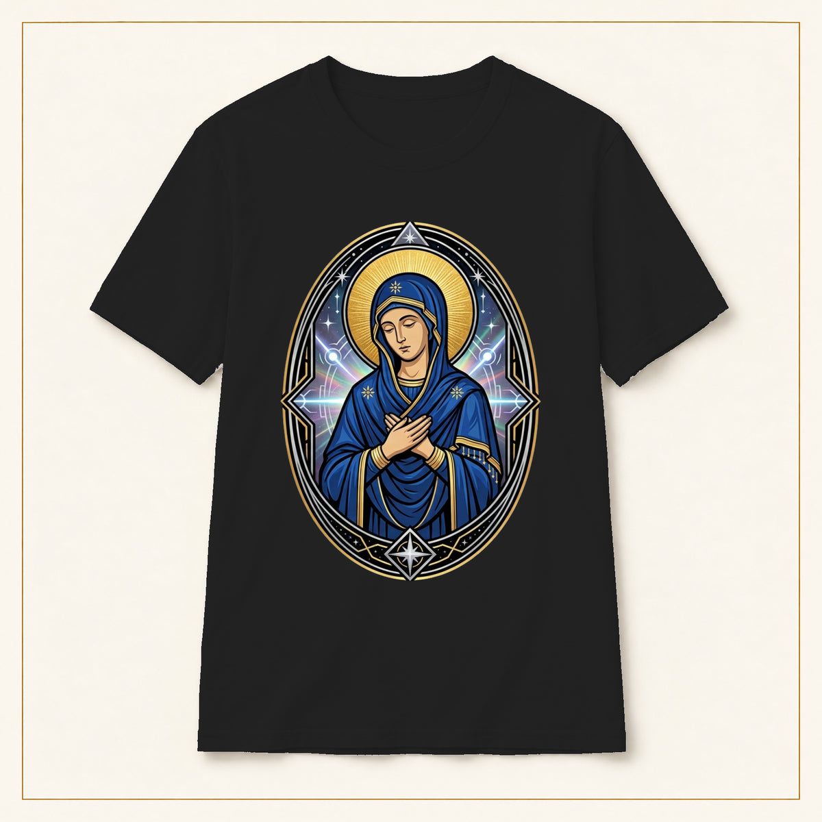 Virgin Mary T-Shirt — Sacred Icon — compact lay-flat, original print scale and placement — Black