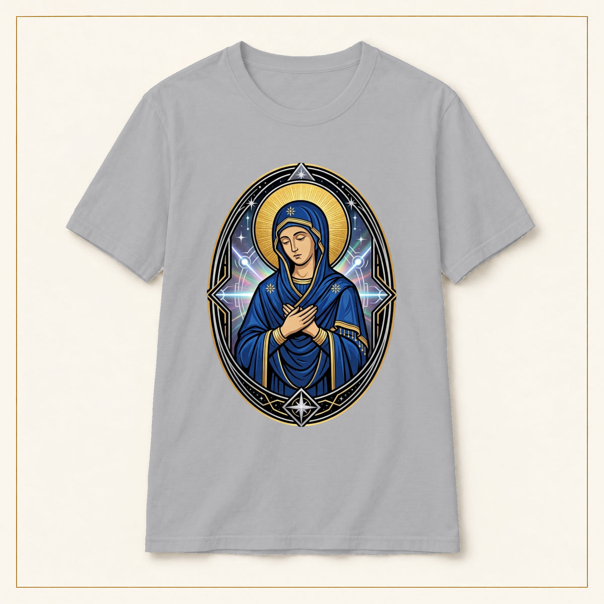 Virgin Mary T-Shirt — Sacred Icon — compact lay-flat, original print scale and placement — Sport Grey