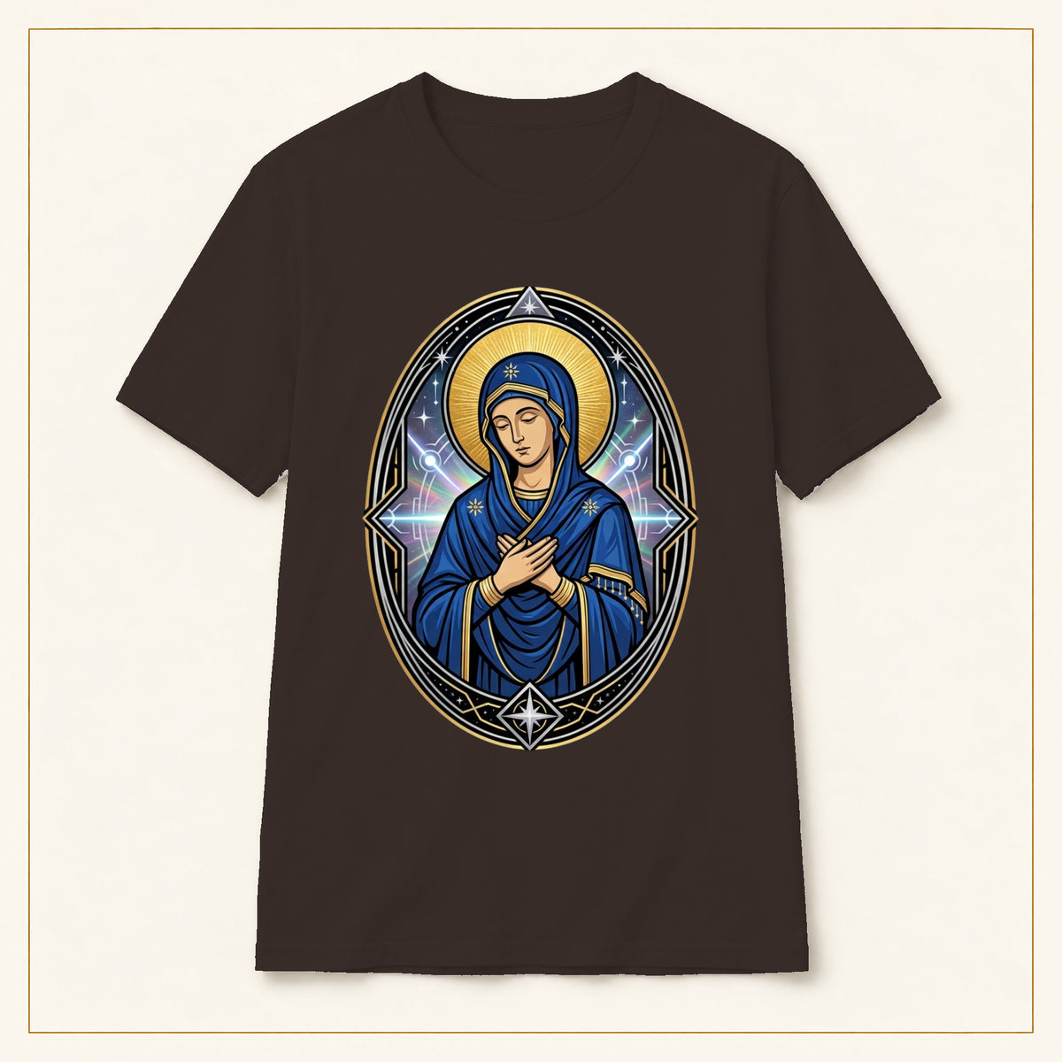 Virgin Mary T-Shirt — Sacred Icon — compact lay-flat, original print scale and placement — Dark Chocolate