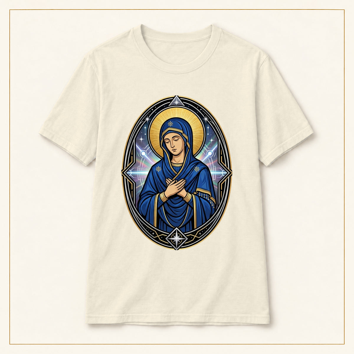 Virgin Mary T-Shirt — Sacred Icon — compact lay-flat, original print scale and placement — Natural