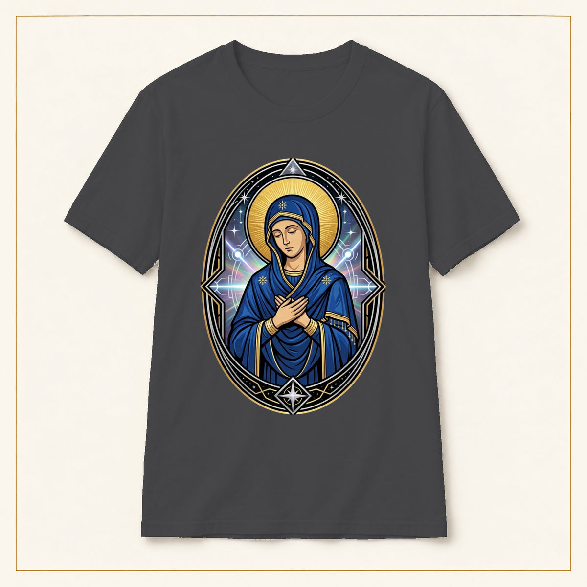 Virgin Mary T-Shirt — Sacred Icon — compact lay-flat, original print scale and placement — Dark Heather