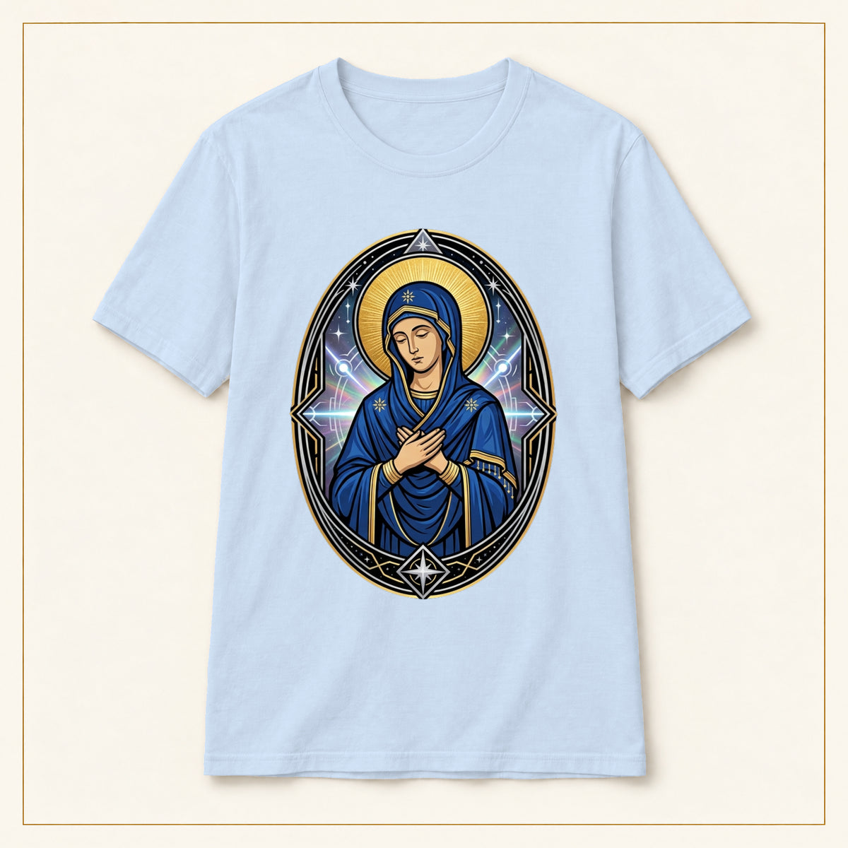 Virgin Mary T-Shirt — Sacred Icon — compact lay-flat, original print scale and placement — Light Blue