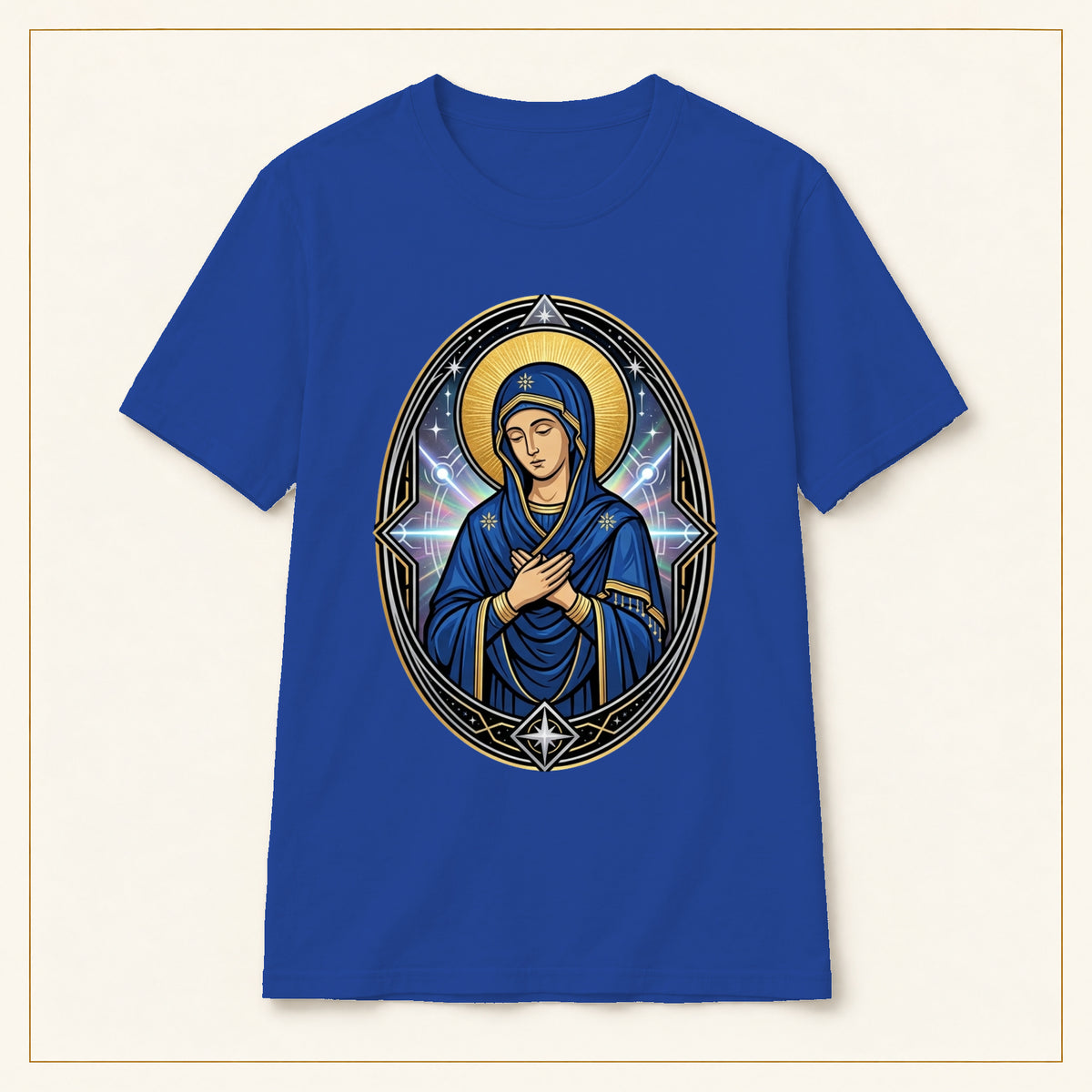 Virgin Mary T-Shirt — Sacred Icon — compact lay-flat, original print scale and placement — Royal
